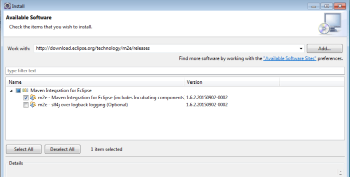 select maven plugin in eclipse from main update site
