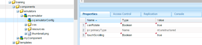 custom mobile emulator component config node properties aem6