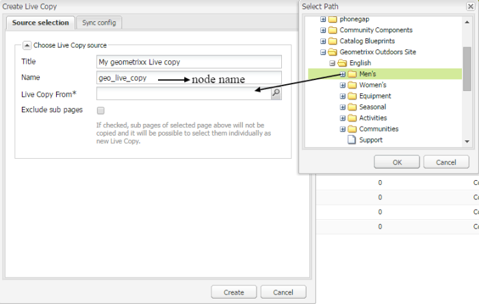 AEM create live copy select source