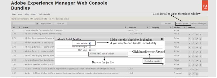 upload install deploy an osgi bundle in aem