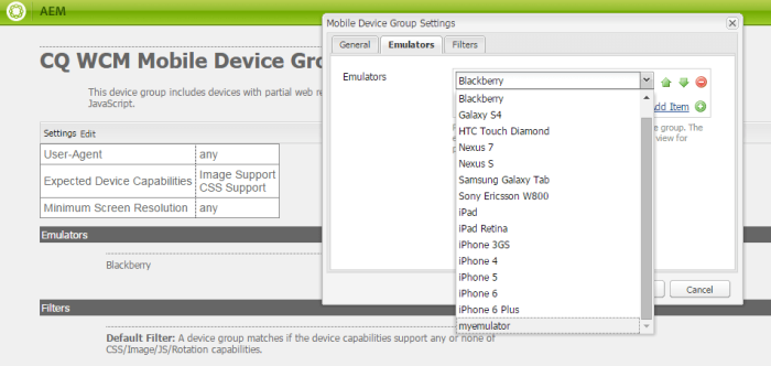 add custom emulator to device group in aem 6